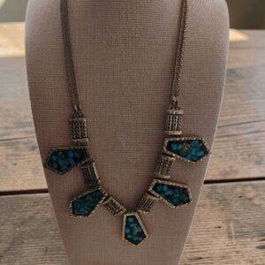 Tibetean Style Gold and Turquoise Pressed Nugget Style with resin Necklace